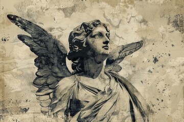 Poster - A serene statue of an angel grasping a feather, symbolizing protection and guidance