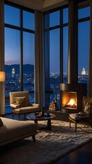 Wall Mural - a luxurious apartment with expansive windows offers a breathtaking view of a serene landscape