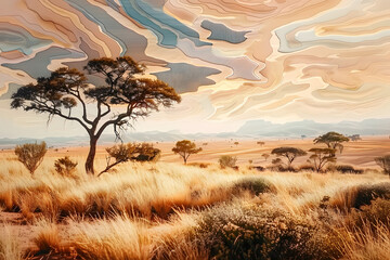 Wall Mural - Savanna landscape painting nature.