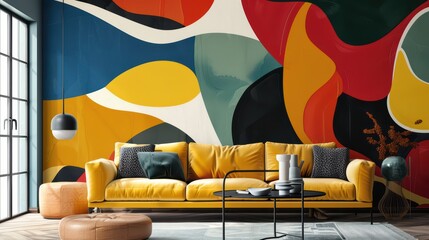 Wall Mural - A bold wallpaper featuring a striking abstract design with vivid colors and dynamic shapes