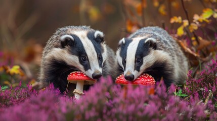 Wall Mural - Wild European badgers foraging in Autumn with purple heather and red Fly Agaric mushroom in close up front facing with empty space Horizontal orientation