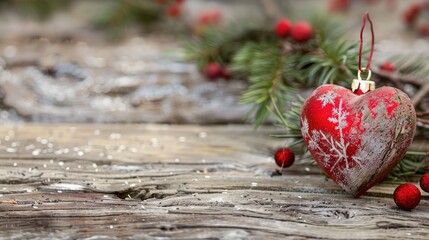 Sticker - Heart shaped Christmas ornament on weathered timber