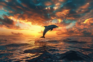 Sticker - Beautiful dolphin jumps above ocean waves against a stunning sunset sky