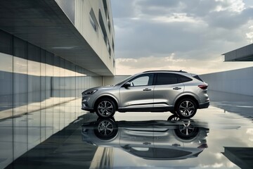 Aufkleber - A silver SUV is parked in a modern parking garage, waiting for its owner to arrive