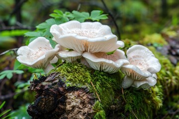 Poster - A cluster of mushrooms perched on top of a decaying tree stump in a forest