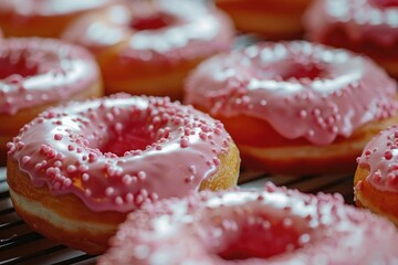 Canvas Print - Closeup image showcasing delicious pink frosted doughnuts adorned with white sprinkles