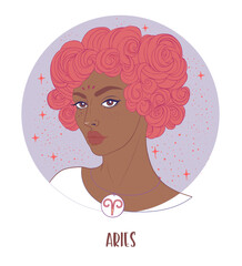 Wall Mural - Illustration of Aries astrological sign as a beautiful African American girl. Zodiac vector illustration isolated on white. Future telling, horoscope, alchemy, spirituality, fashion black woman.