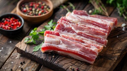 Poster - Uncooked pork belly slices for Chinese New Year cooking on wooden table