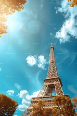 Wall Mural - Eiffel tower and blue sky panoramic header with copy space, Paris web banner, France