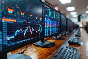 Poster - A row of computer monitors displays stock market data showing the rise and fall of investments