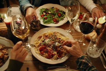 Wall Mural - Friends having a pasta dinner at home of at a restaurant.