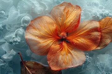 Poster - a delicate orange flower with water droplets rests on a bed of translucent leaves and bubbles