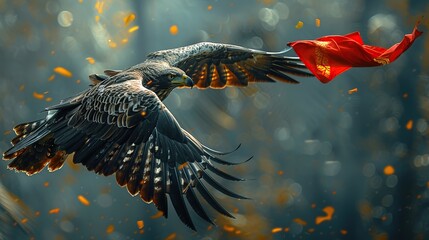 Poster - Eagle in Flight with Red Scarf