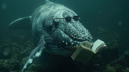 Sticker - Whale Reading Underwater