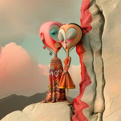 Wall Mural - Surreal characters in love in a pastel landscape