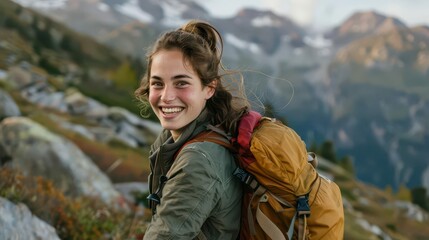 adventurous young woman with backpack smiling on rugged mountain trail