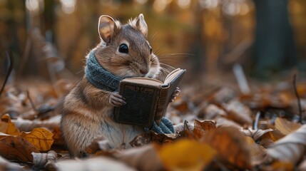 Canvas Print - Cute Mouse Reading a Book in the Autumn Forest