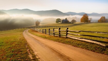 Wall Mural - in buena vista virginia s rockbridge county a farm with a fence a foggy fall day and a dirt road driveway on a hill