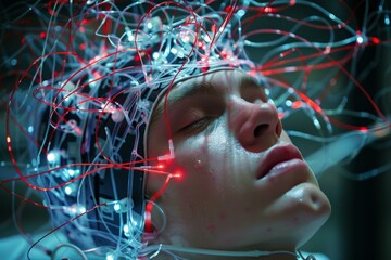 Poster - Cuttingedge futuristic brain interface experiment, a hightech neural connection technology with wires. Electrodes. And ai for closeup brainwave monitoring and healthcare diagnostics