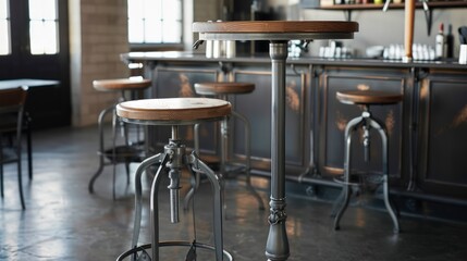 Wall Mural - Industrial Style Metal Bar Stools with Wooden Seats in Urban Kitchen Space