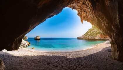 Wall Mural - view out of one of the many seaside caves at the beach of cala luna in sardinia