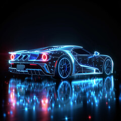 Wall Mural - Neon outlined futuristic sports car with glowing blue details on reflective surface
