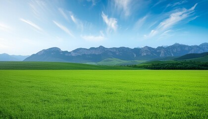 Wall Mural - green field on the horizon panoramic green field landscape view blue mountains background and bright blue sky windows background wallpaper