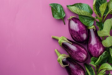 Sticker - Top view of ripe eggplants with green leaves on a vivid pink backdrop with space for text