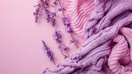 Wall Mural - Cozy flatlay with purple zephyrs on pink background