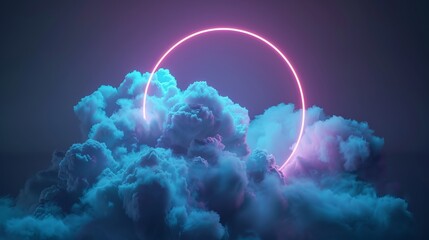 Wall Mural - A glowing pink neon ring floats above a dense collection of blue and gray clouds, creating a mystical and surreal atmospheric composition in this digital artwork.