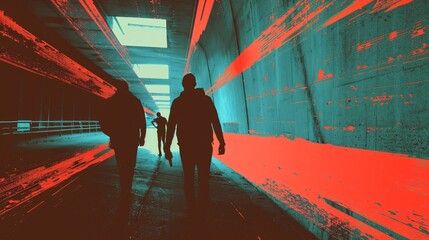 Canvas Print - Silhouettes of Figures Walking Through a Tunnel