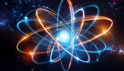 Wall Mural - a beautiful 3d rendered image of a physics atom highlighting the electrons orbiting around the nucleus with glowing trails against a dark cosmic background