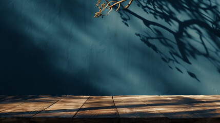 Poster - Empty wooden table top with a blue wall background