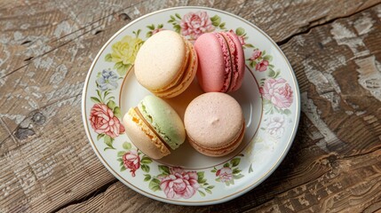 Poster - French macarons on a floral plate with a cover on wood