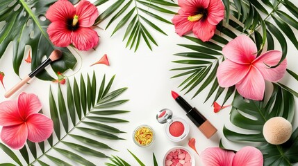 Poster - Tropical floral cosmetics on white background