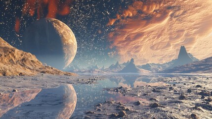 Wall Mural - A captivating alien landscape with a massive planet, reflective lake, rocky terrain, vibrant skies, and distant mountains under a star-filled cosmic sky.