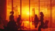 © Helen - In a high-rise office space bathed in warm orange sunset light, several people are engaged in a focused business discussion around a table, with the city skyline visible through large windows.