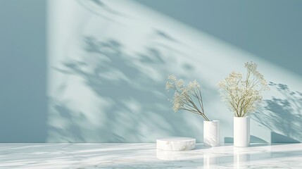 Wall Mural - Simple universal backdrop for product display with shadows on a marble surface and light blue wall.