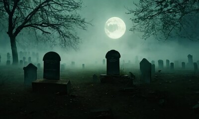 Wall Mural - A graveyard at night with a full moon in the sky. The moon is shining brightly on the gravestones 4K Video