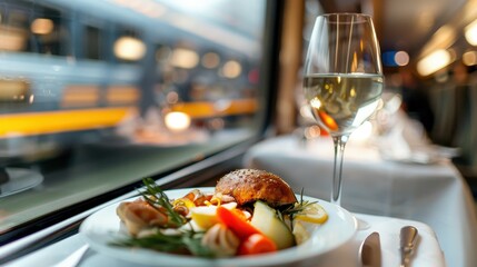 Poster - A plate of food is served on a train with a glass of wine. The scene is set in a dining car on a train