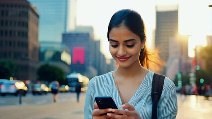 Wall Mural - Business woman walking street texting on phone