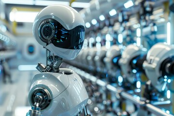 Poster - Advanced humanoid robot with a visor in a modern automation production line