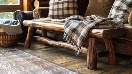 Wall Mural - Rustic Wooden Bench with Plaid Throw Blanket in Cozy Cabin Living Room