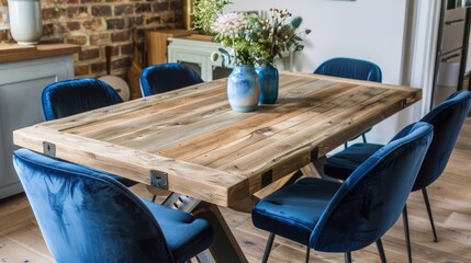 Wall Mural - Scandinavian Inspired Wooden Dining Table with Indigo Velvet Chairs