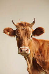 Wall Mural - A close up of a dutch brown cow on a blank light beige background