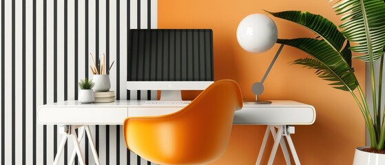 Wall Mural - A black and white striped wall with a colorful painting on it. A desk with a chair and a lamp