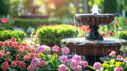 Wall Mural - Beautiful garden fountain surrounded by colorful flowers and lush greenery