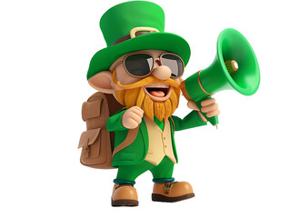 cute cartoon leprechaun in casual clothes and backpack and wear sunglasses hold megaphone isolated transparent background