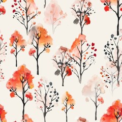 Watercolor flowering trees seamless repeating pattern, minimal pattern, high contrasty 