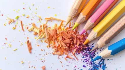 Poster - Wooden colored pencil shavings on white background top view flat lay